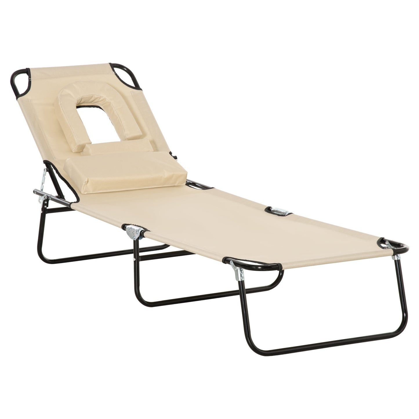 Outsunny Outdoor Folding Sun Lounger with Face Hole, 4 Level Adjustable Backrest Reclining Garden Lounger, Garden Recliner Sunbed with 600 D Oxford Cloth Seat and Pillow for Beach, Beige