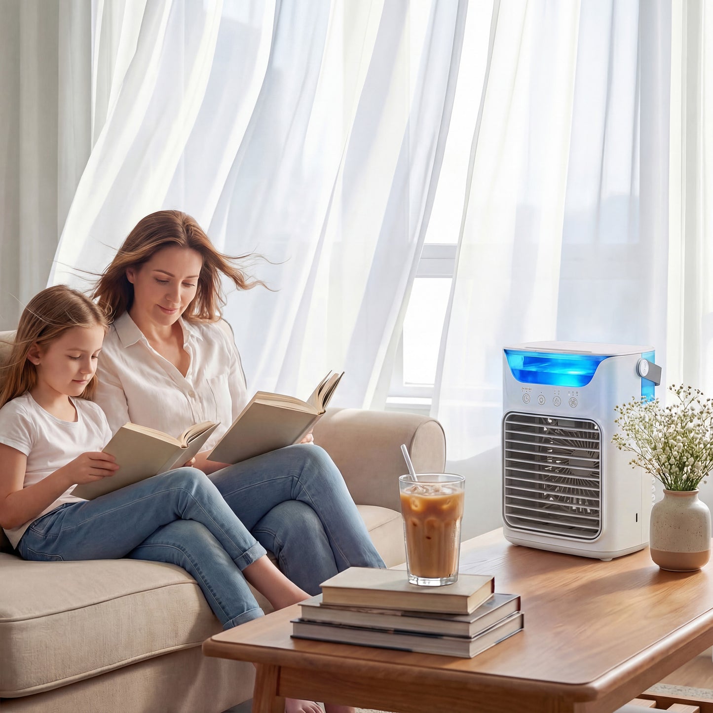 HOMCOM Air Cooler with Adjustable Head, Portable Air Conditioner with 3 Wind Speed, 2 Cool Mist, RGB Light, Grey