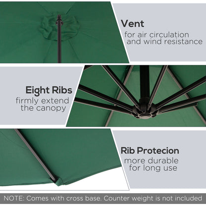 Outsunny 3(m) Banana Parasol Hanging Cantilever Umbrella with Crank Handle, 8 Ribs and Cross Base for Outdoor, Sun Shade, Dark Green