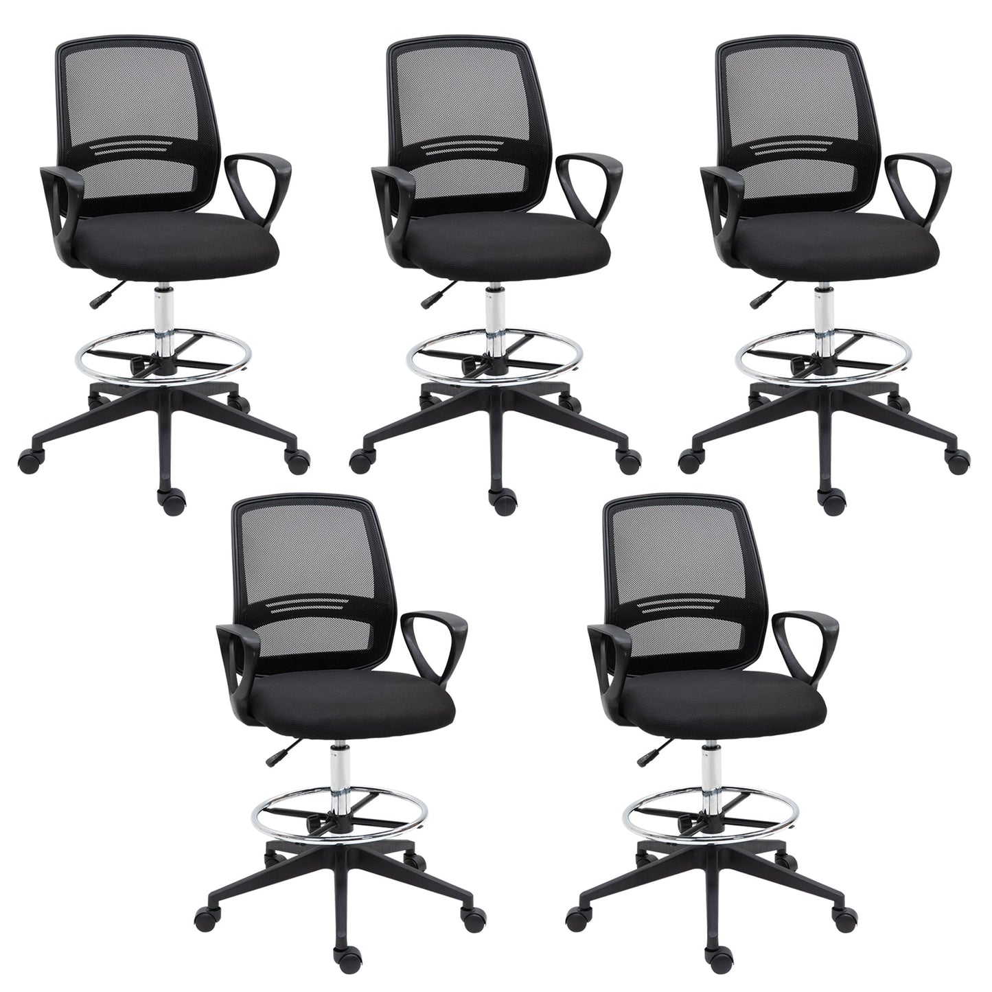 Vinsetto Ergonomic Mesh Back Drafting Chair, Tall Office Chair, Draughtsman Chair with Adjustable Height and Footrest 360  Swivel, Set of 5