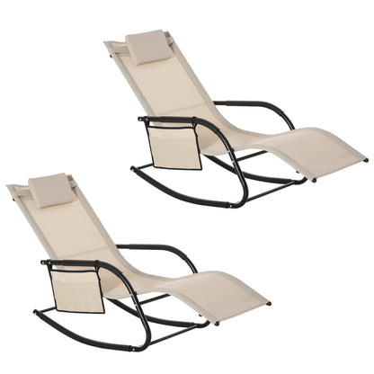 2 Piece Outdoor Garden Rocking Chair Patio Sun Lounger Rocker, Breathable Mesh Fabric, Removable Headrest Pillow, Armrest, Side Bag - Cream White