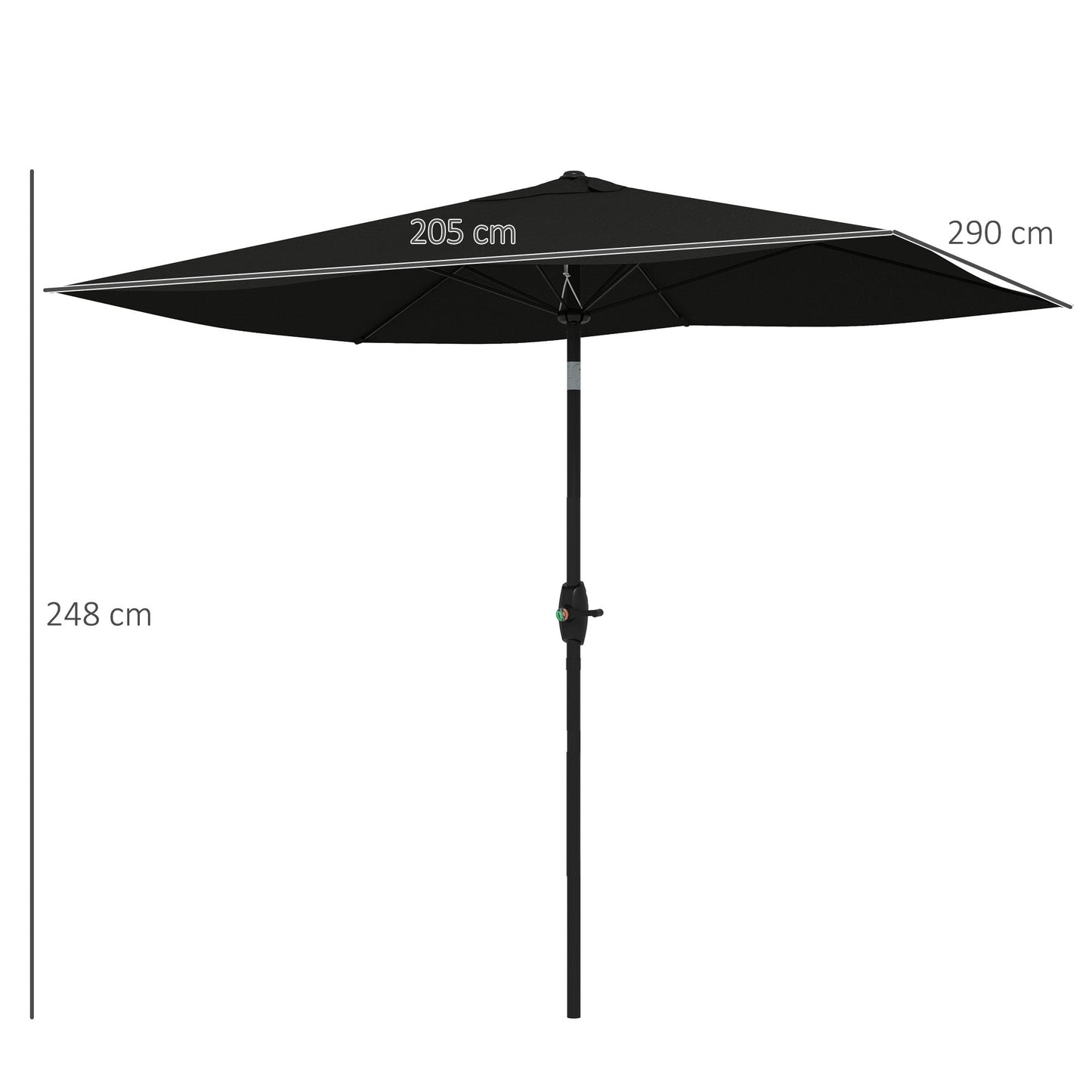 Outsunny 2 x 3(m) Parasol ogrodowy, prostokątny, z korbką i przyciskiem do odchylania, 6 żeber, aluminiowy słupek, czarny