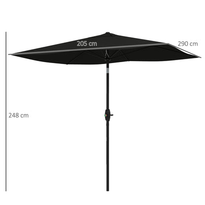 Outsunny 2 x 3(m) Parasol ogrodowy, prostokątny, z korbką i przyciskiem do odchylania, 6 żeber, aluminiowy słupek, czarny