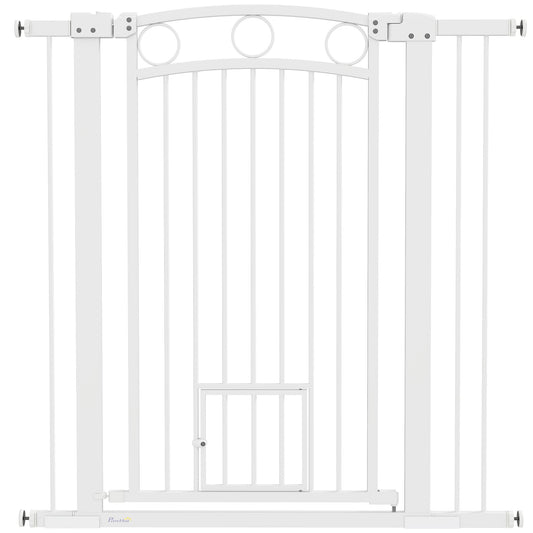 PawHut 106cm Tall Dog Gate with Cat Door, 7cm and 14cm Extensions, for Stairs, Doorways, 76-104cm Width