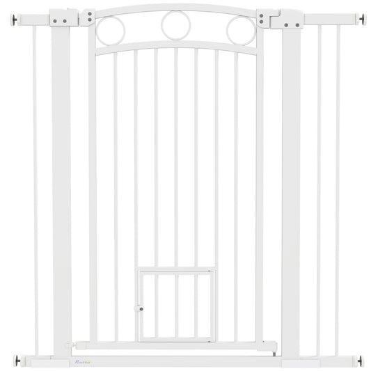 PawHut 106cm Tall Dog Gate with Cat Door, 7cm and 14cm Extensions, for Stairs, Doorways, 76-104cm Width