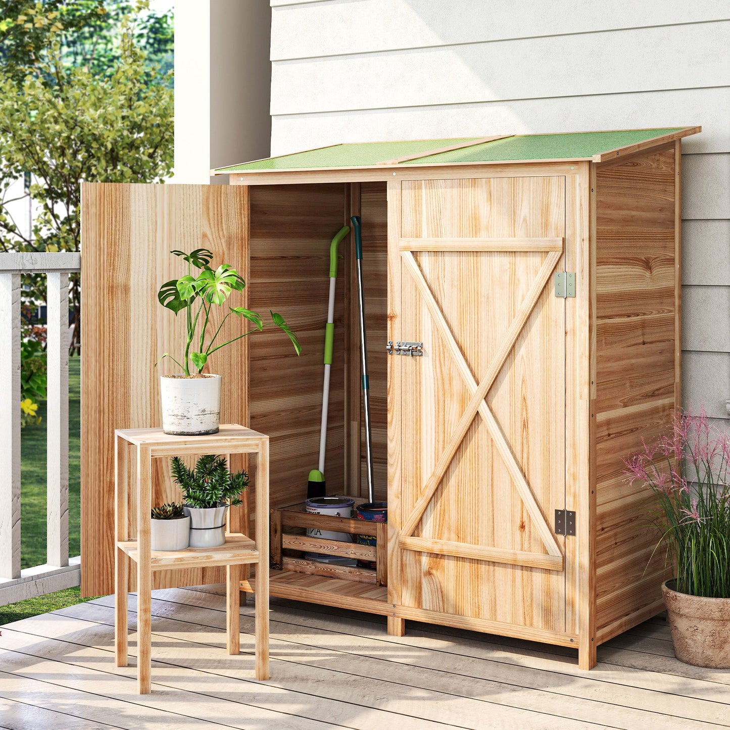 Outsunny 140 x 75 Fir Wood Garden Shed, with Asphalt Roof - Natural
