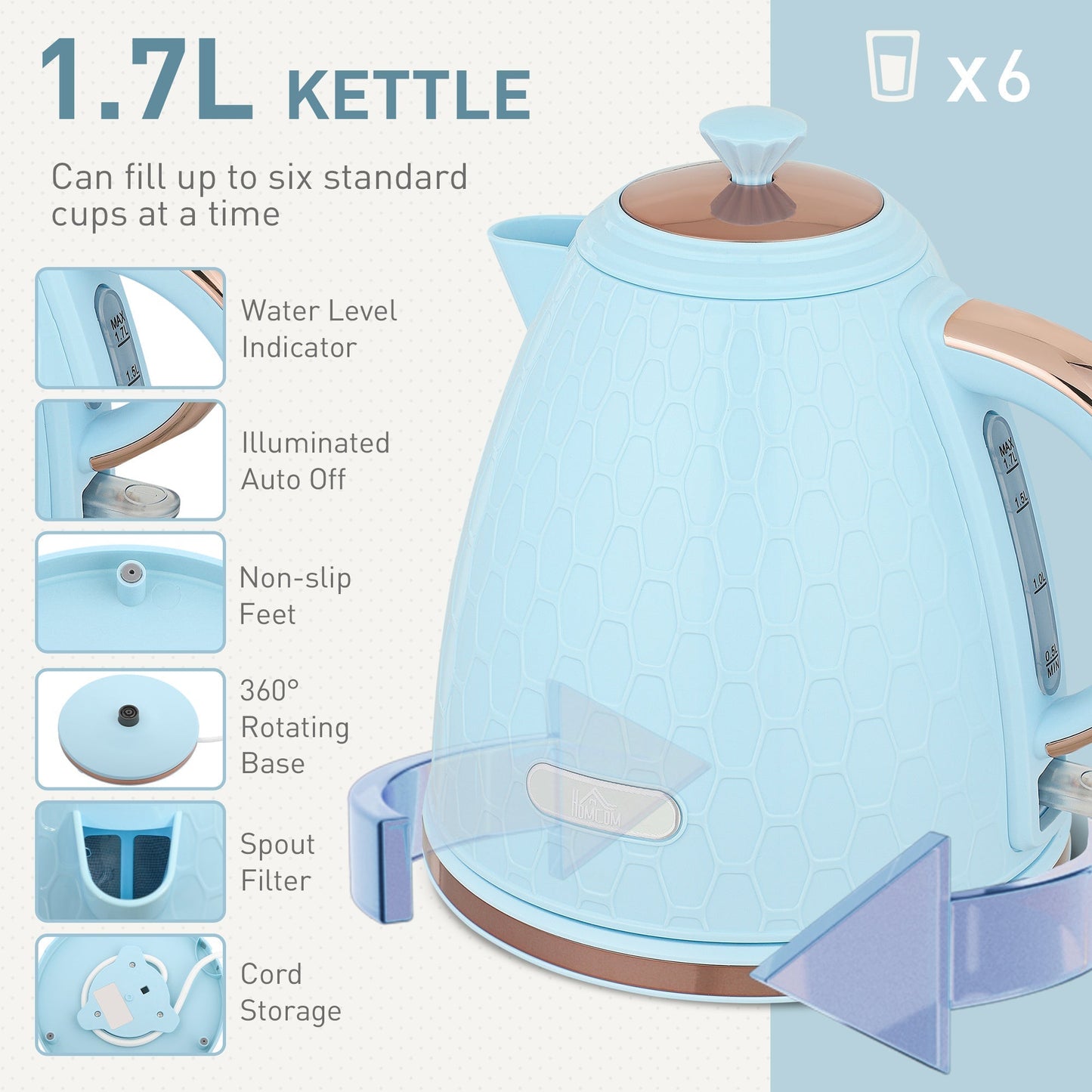 HOMCOM 1.7L 3000W Fast Boil Kettle & 2 Slice Toaster Set, Kettle and Toaster Set with Auto Shut Off, Browning Controls, Light Blue