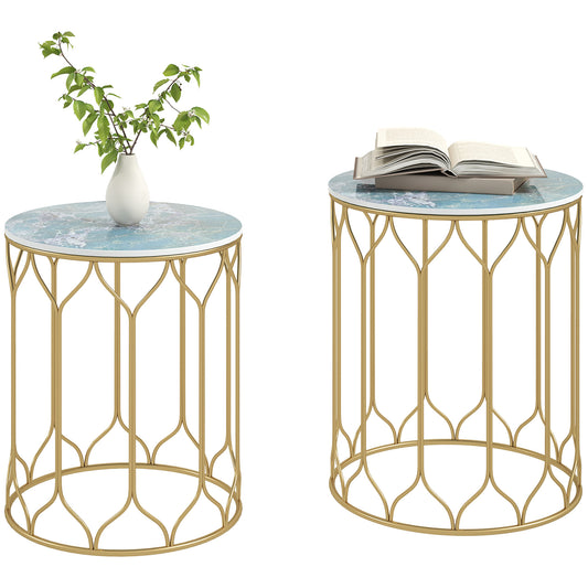 Zestaw 2 stolików bocznych Outsunny Garden Side Table, stoliki wsuwane z blatem z płytek ceramicznych, małe stoliki ogrodowe do użytku wewnątrz i na zewnątrz, wielofunkcyjne stoliki boczne z metalową ramą na patio, balkon, werandę, wielokolorowe