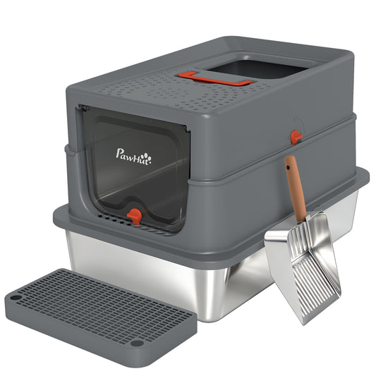 PawHut Stainless Steel Cat Litter Tray with Lid, XL 90L Enclosed Cat Litter Box with Step, Scoop, High Side, Dark Grey