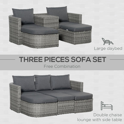 Outsunny 3 Piece Rattan Garden Furniture Set with Cushions, Patio Wicker Conversation Double Chaise Lounge Furniture Set with Convertible Middle Table, Mixed Grey