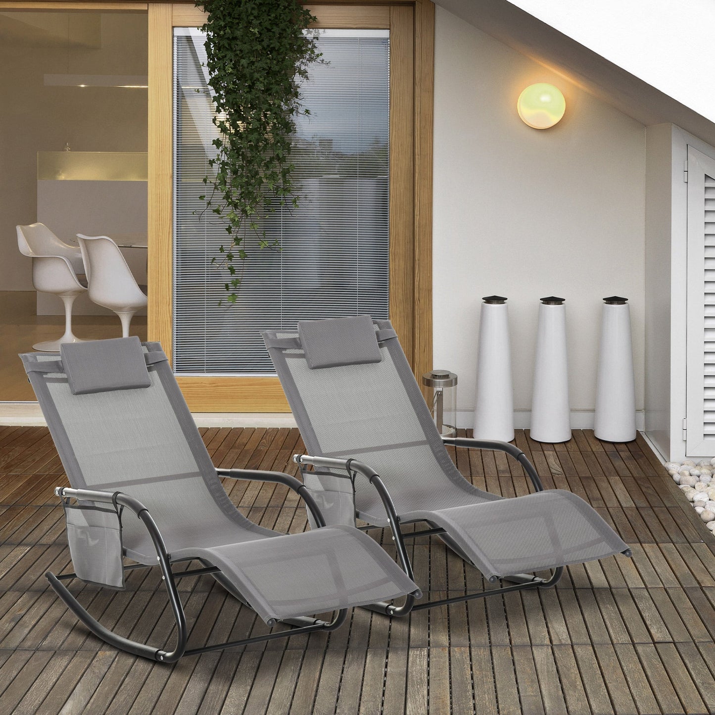 2 Piece Outdoor Garden Rocking Chair Patio Sun Lounger Rocker, Breathable Mesh, Removable Headrest Pillow, Armrest, Side Storage - Grey