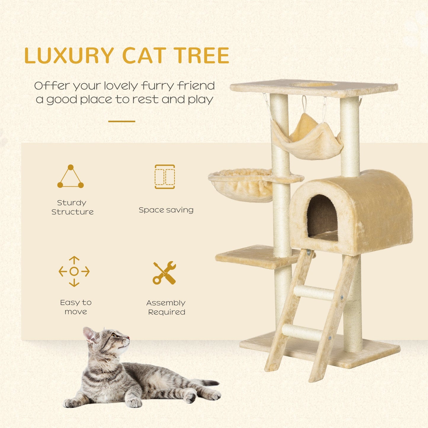 PawHut Cat Tree Tower for Indoor Cats Kitten Activity Centre Scratching Post w/ Hammock House Basket Ladder - Beige