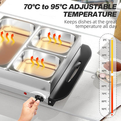 HOMCOM 4.5L Stainless Steel Electric Buffet Server, with 3x Trays and Lids, Set of 2