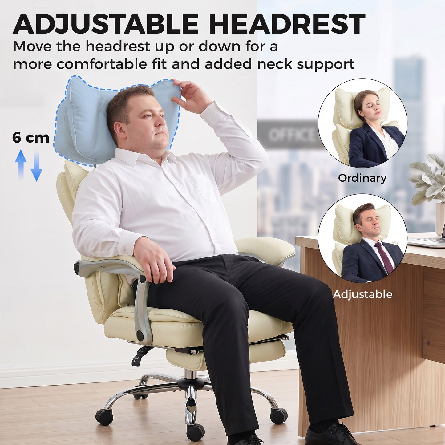 HOMCOM Executive Office Chair, PU Big and Tall Office Chair 180 kg with Wide Seat, Reclining, Lumbar Support, Beige