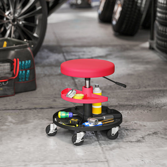 HOMCOM Rolling Mechanic Stool, 135kg Capacity Workshop Stool, 360Â° Swivel Roller Padded Creeper Seat with Wheels, Tool Trays Storage for Garage, Shop, Auto Repair, Red