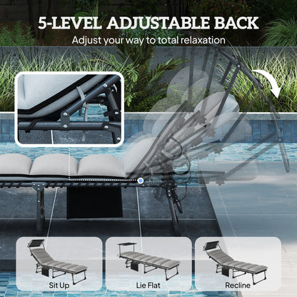 Outsunny Folding Sun Lounger with Canopy, Reclining Sunbed with Cushion, Side Pocket, Carrying Handle, Light Grey