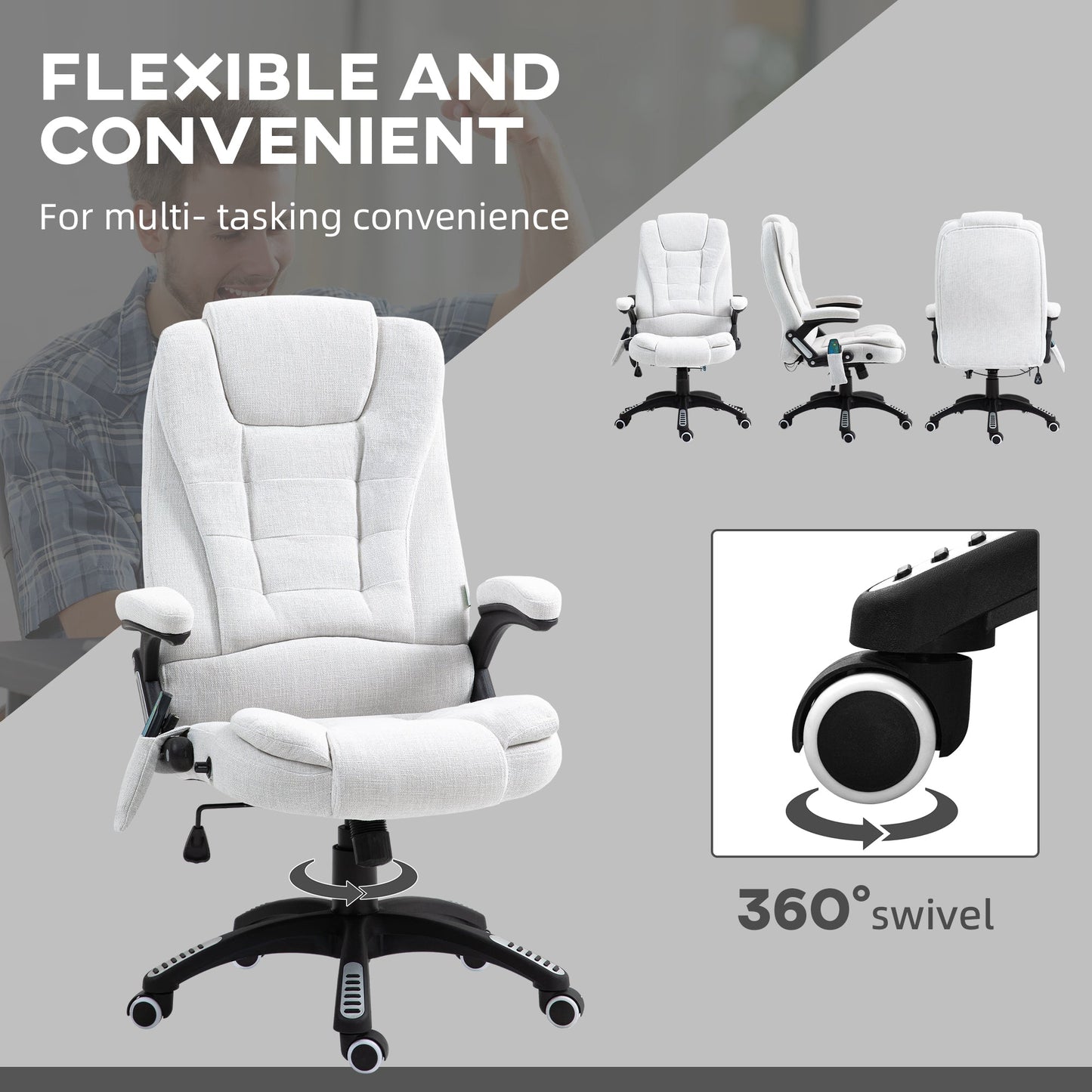 Vinsetto Massage Recliner Chair Heated Office Chair with Six Massage Points Linen-Feel Fabric 360¡ Swivel Wheels Cream White