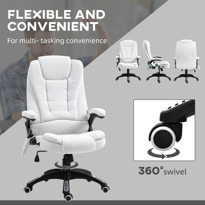 Vinsetto Massage Recliner Chair Heated Office Chair with Six Massage Points Linen-Feel Fabric 360¡ Swivel Wheels Cream White