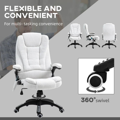 Vinsetto Massage Recliner Chair Heated Office Chair with Six Massage Points Linen-Feel Fabric 360° Swivel Wheels Cream White