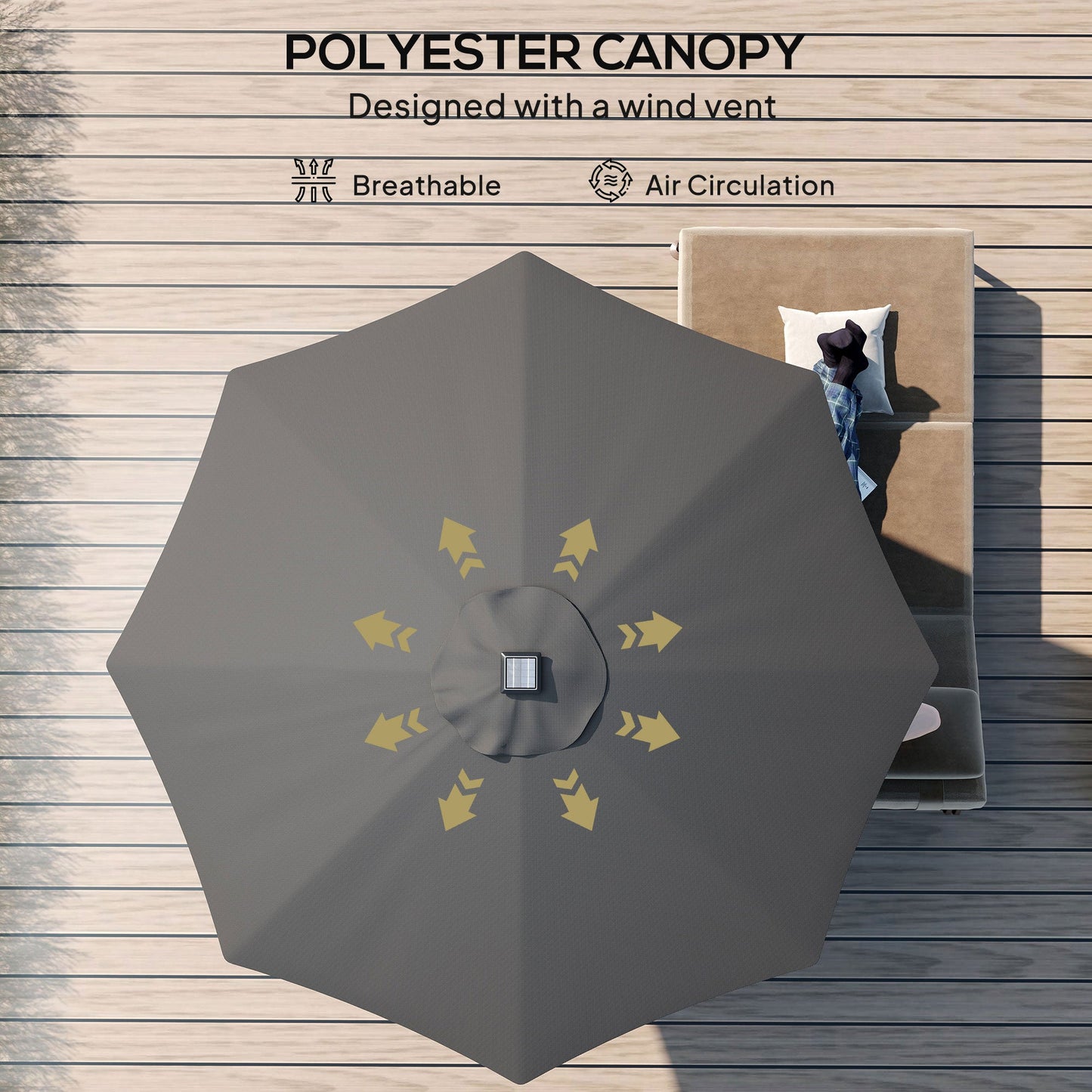Outsunny â2.7m Garden Parasol Solar Outdoor Tilt Sun Umbrella Patio Sun Shade w/ 24 LED Light, Hand Crank and 8 Ribs, Black