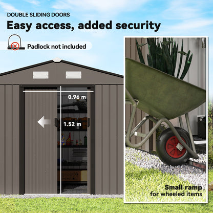Outsunny 9 x 6ft Metal Garden Shed, Outdoor Storage Tool House with Ventilation Slots, Foundation Kit and Lockable Double Doors, Brown