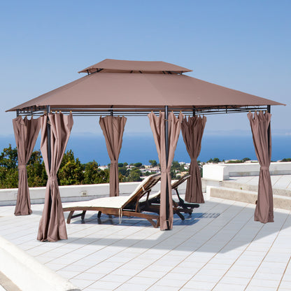 Outsunny 4m x 3(m)Garden Gazebo, Double Roof Outdoor Gazebo Canopy Shelter with Curtains, Solid Steel Frame for Patio, Garden, Brown