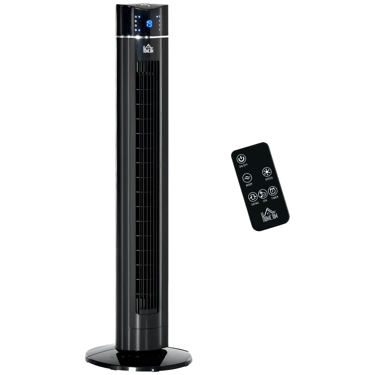 HOMCOM Anion Tower Fan for Bedroom, 42 inch, 6 m/s Powerful Velocity, Standing Floor Fan with 60° Oscillating, 3 Modes, 3 Speeds, 8 Hour Timer, LED Display, Remote Control, Black