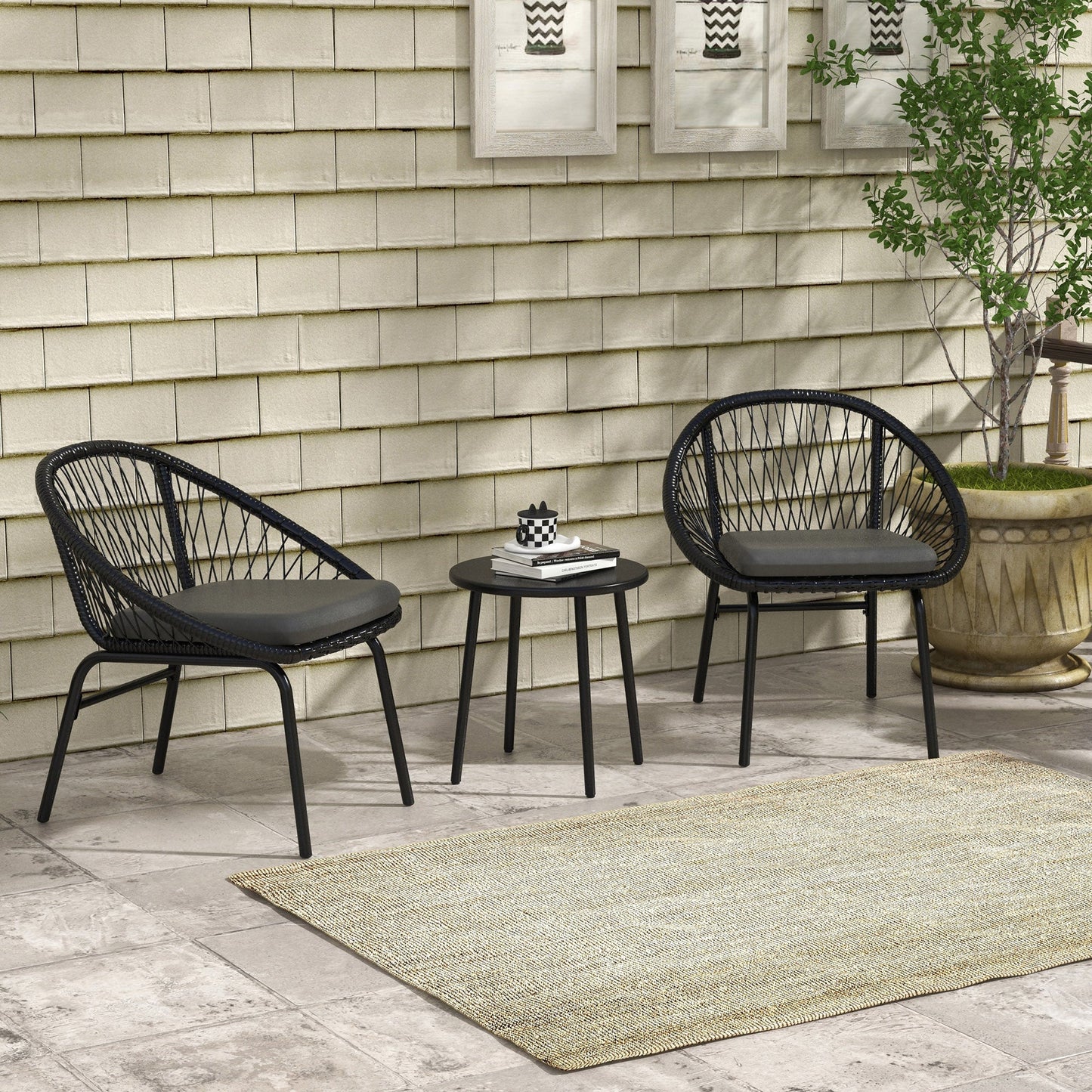 3 Piece Garden Furniture Set With Cushions, Round PE Rattan Bistro With Armchairs & Metal Plate Coffee Table Conversation Furniture - Black