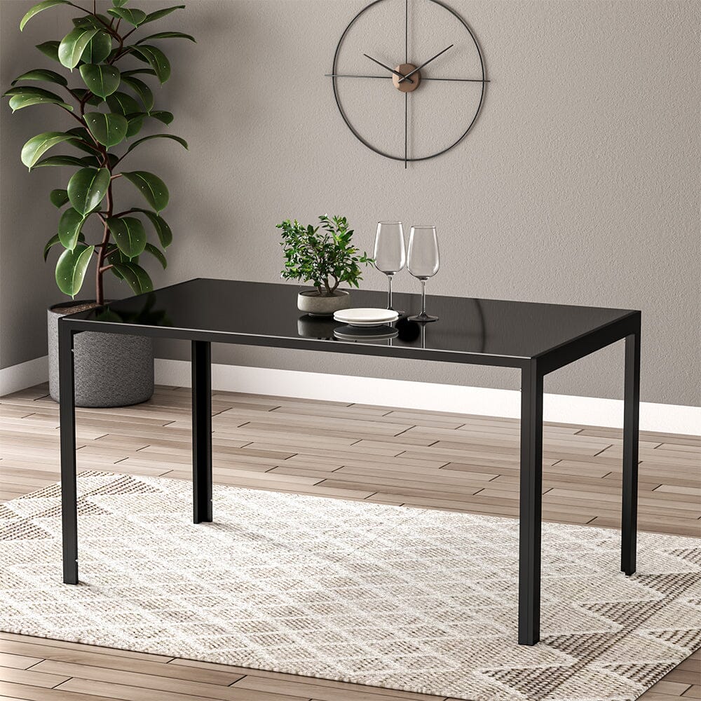 Rectangular Simplicity Modern Black Glass Dining Table with Metal Legs