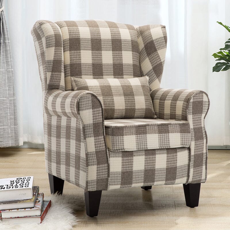 Elegant Coffee Checkered Sofa with Cushions and Walnut Legs