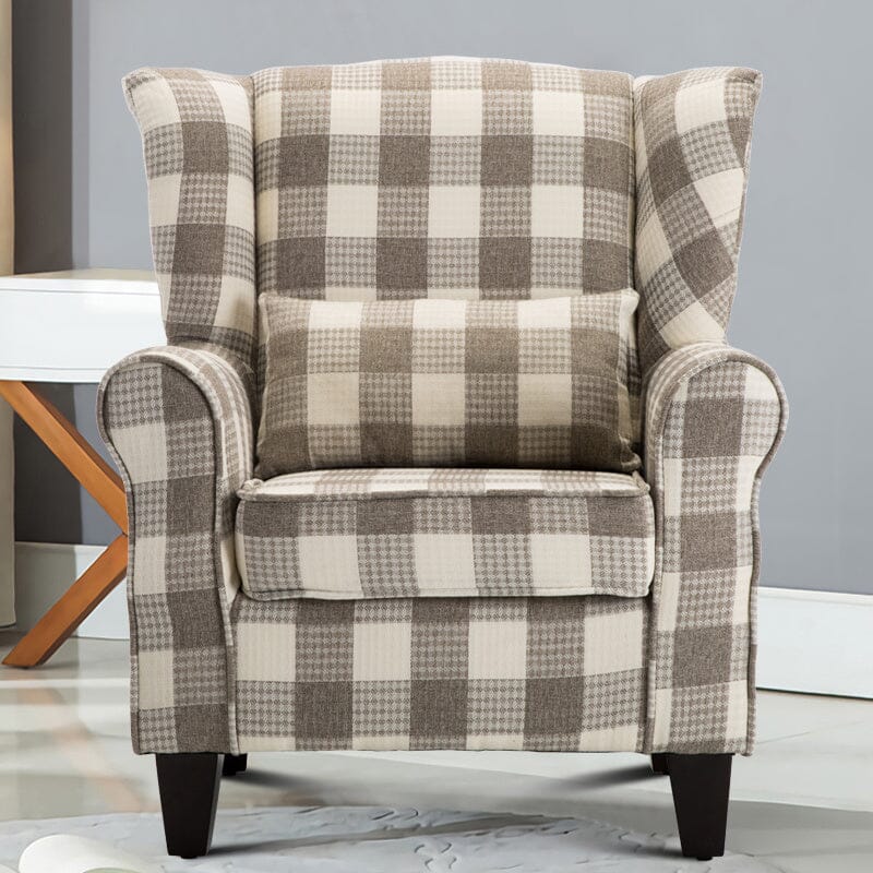 Elegant Coffee Checkered Sofa with Cushions and Walnut Legs