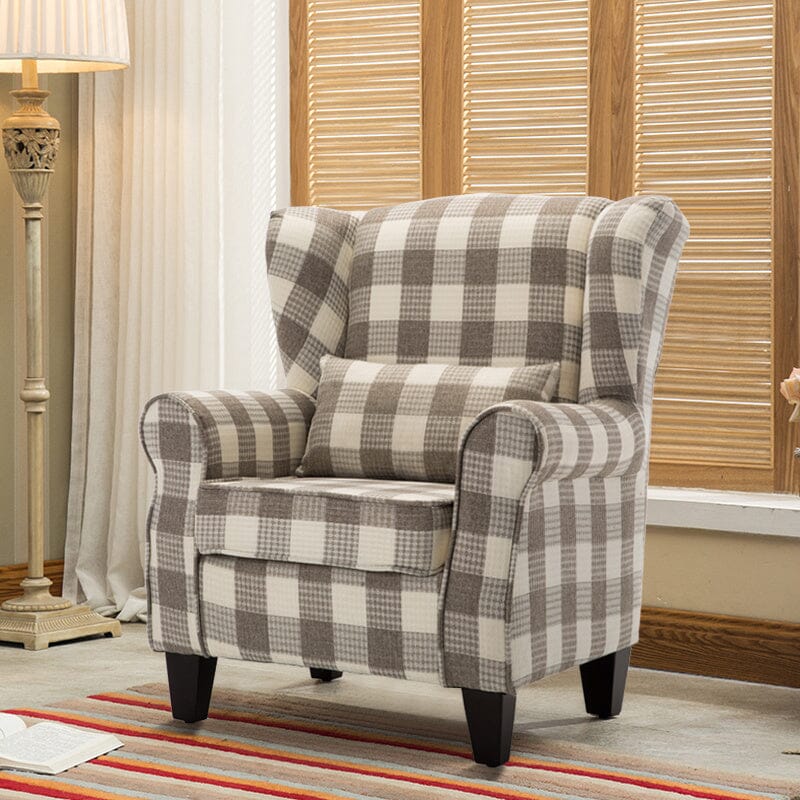 Elegant Coffee Checkered Sofa with Cushions and Walnut Legs