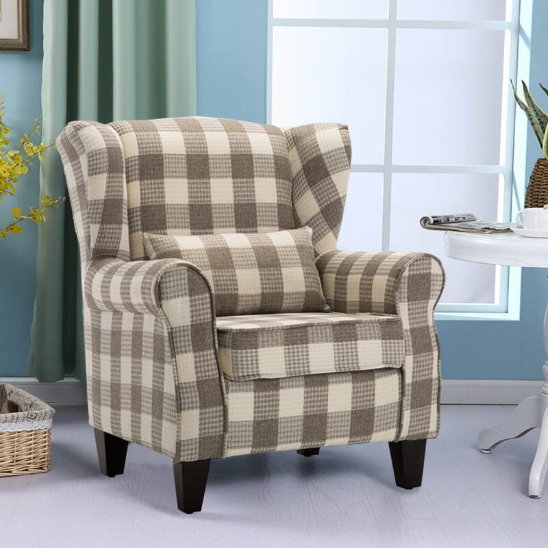 Elegant Coffee Checkered Sofa with Cushions and Walnut Legs