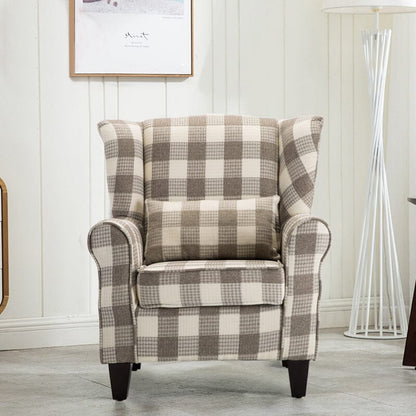 Elegant Coffee Checkered Sofa with Cushions and Walnut Legs