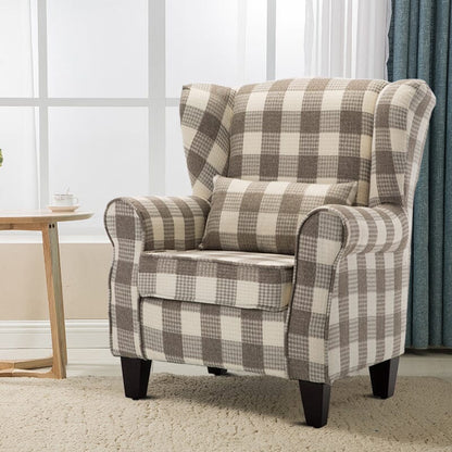 Elegant Coffee Checkered Sofa with Cushions and Walnut Legs