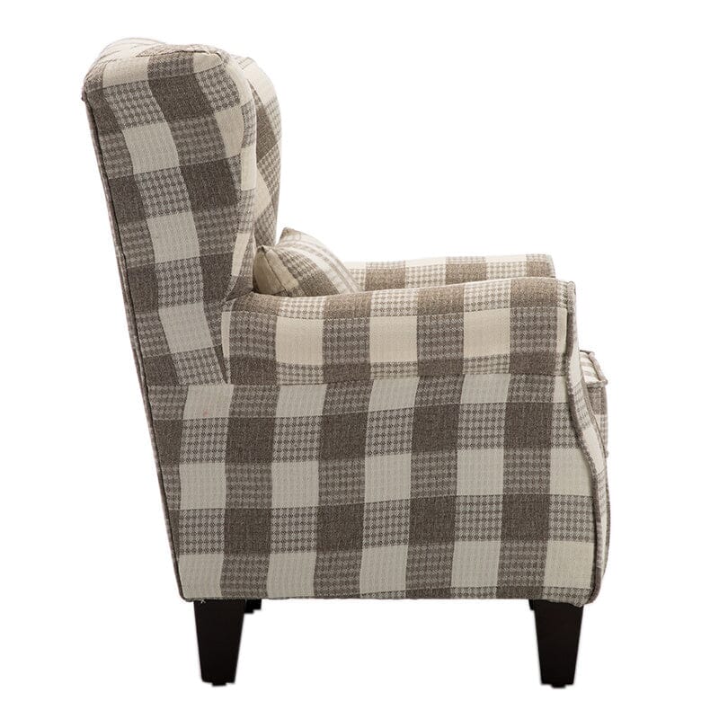 Elegant Coffee Checkered Sofa with Cushions and Walnut Legs