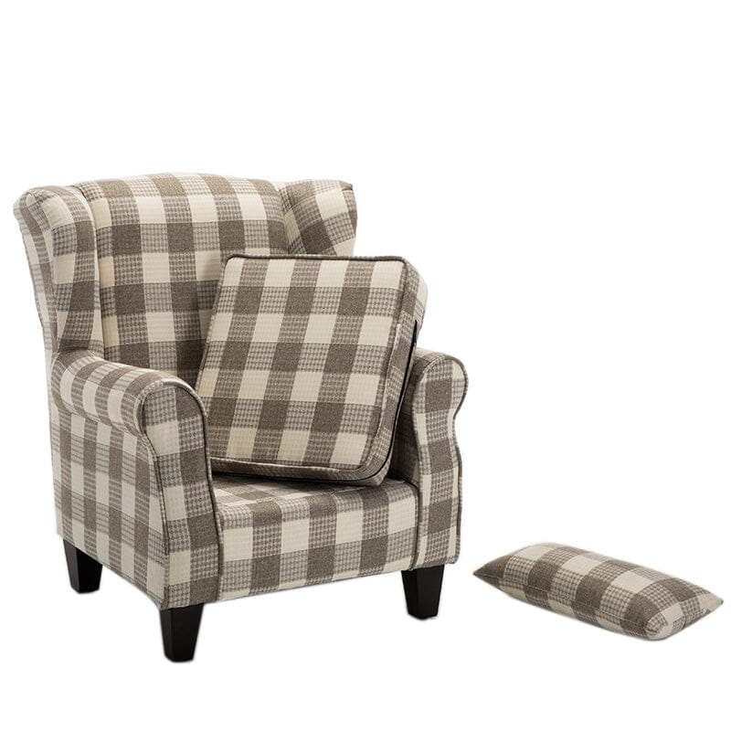 Elegant Coffee Checkered Sofa with Cushions and Walnut Legs
