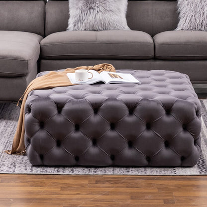 100cm W Grey Square Velvet Tufted Cocktail Footstool