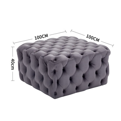 100cm W Grey Square Velvet Tufted Cocktail Footstool