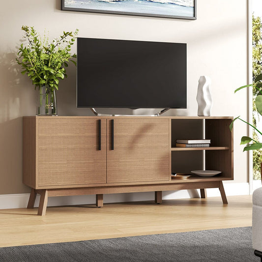 Wooden TV Stand with Storage Cabinet and Open Shelves