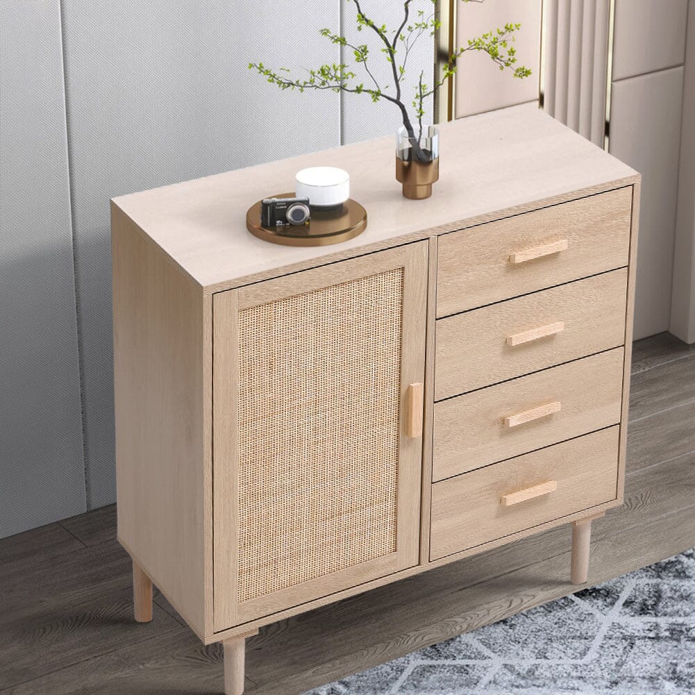 Wood and Rattan Accent Side Cabinet