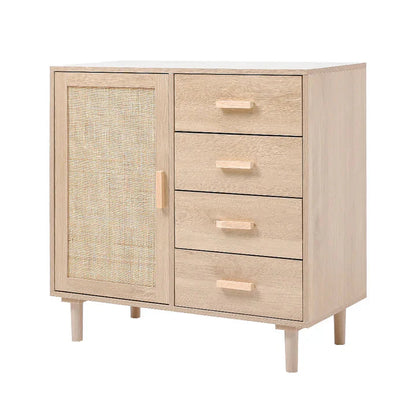 Wood and Rattan Accent Side Cabinet