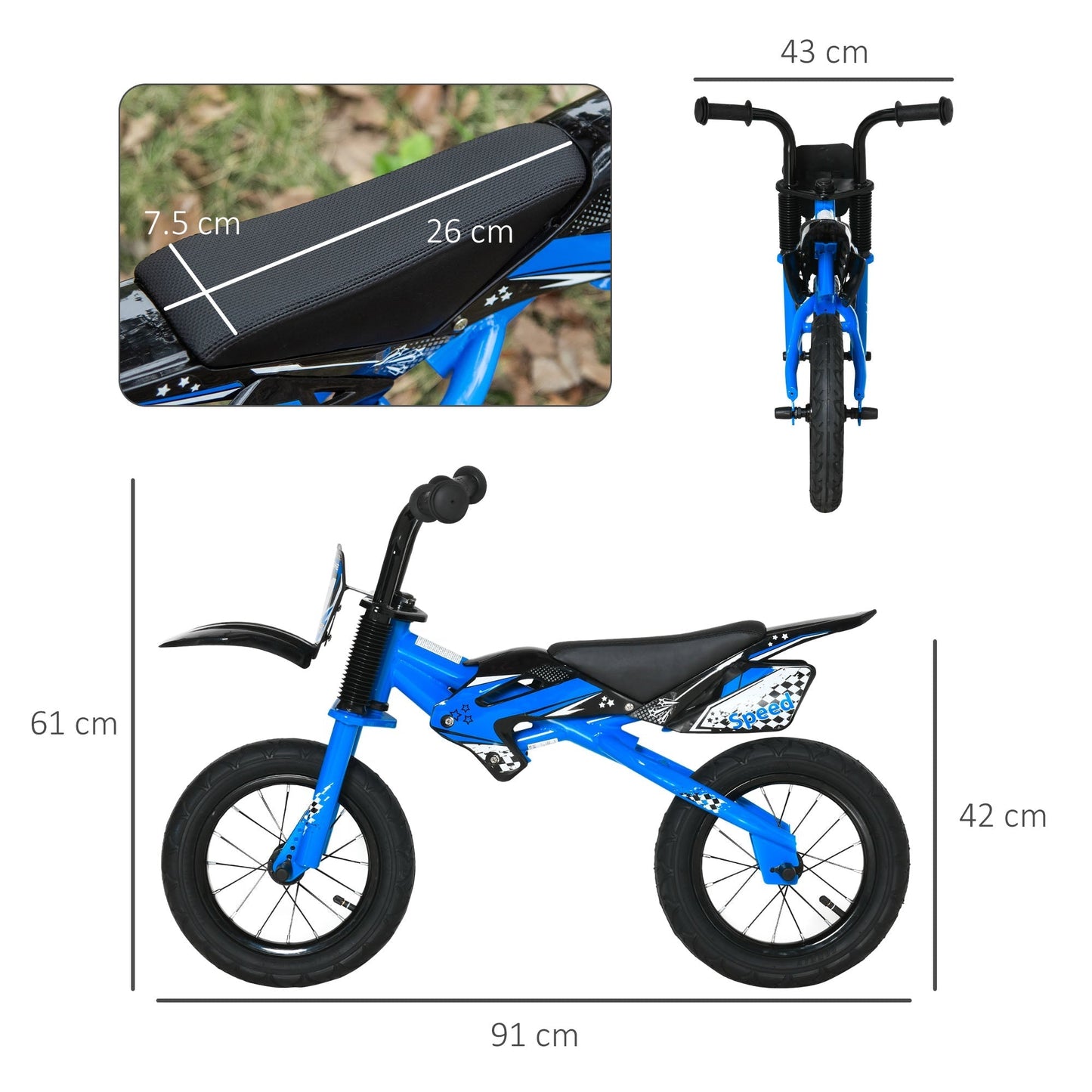 12" Kids Balance Bike, No Pedal Training Bicycle, Motorbike Look, Steel Frame with Air Filled Tires, Handlebar, PU Seat for 3-6 Years Old, Blue