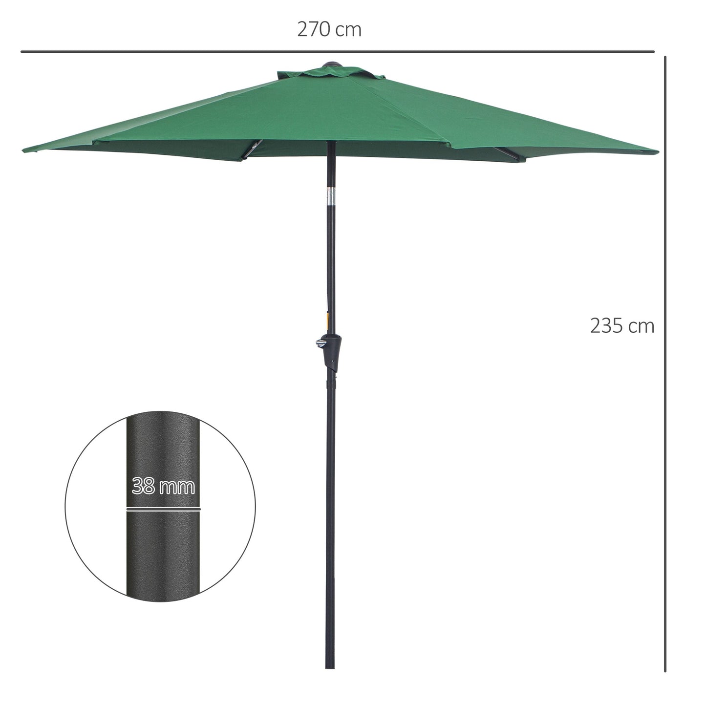 Outsunny 2.6M Garden Parasol Umbrella with Tilt and Crank, Outdoor Sun Parasol Sunshade Shelter with Aluminium Frame, Green