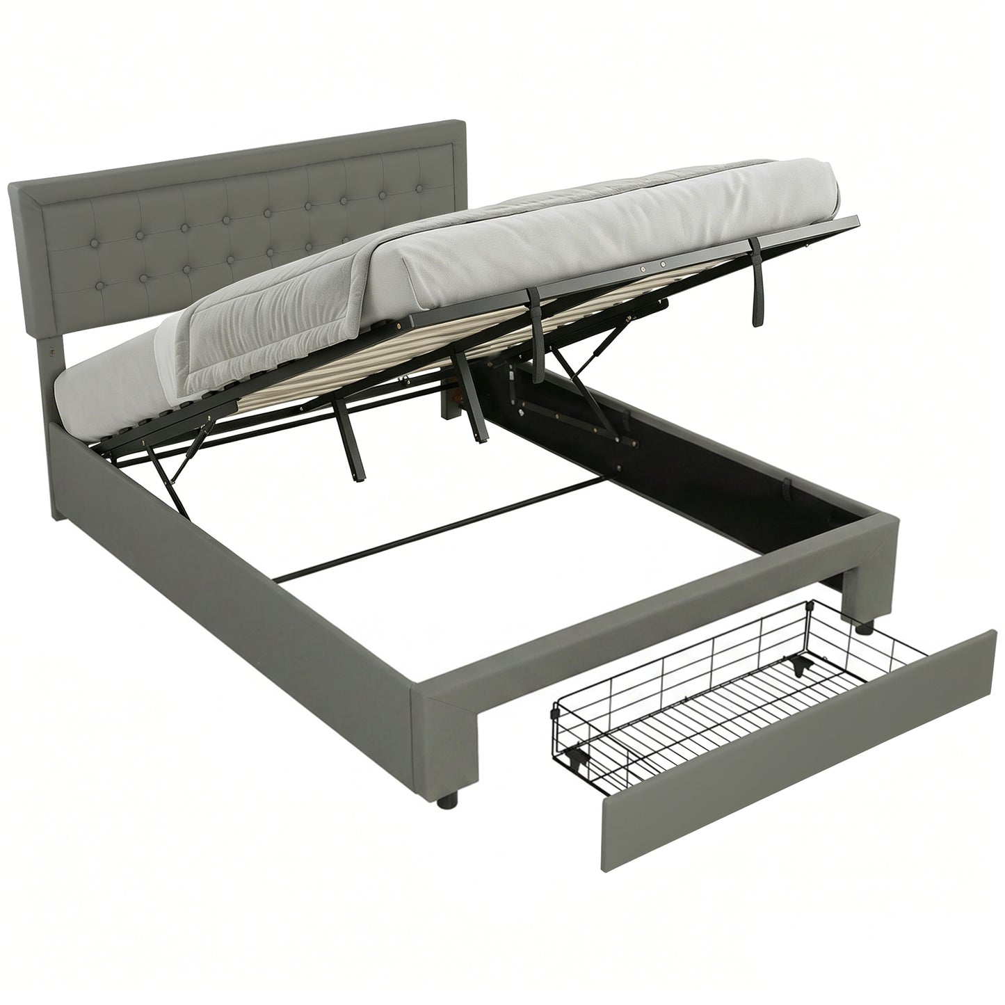 HOMCOM King Size Ottoman Bed Frame, with Front Drawer - Grey