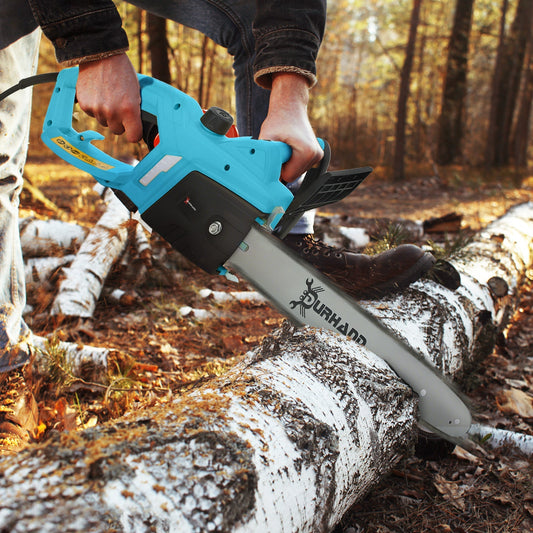 DURHAND 2000W Powerful Electric Chainsaw, 16" Aluminium Blade Portable Corded Chain Saw, 7250rpm Chain Saw for Garden Tree Pruning, 13m/s Chain Speed Auto Chain Lubrication to Cut Wood, Blue