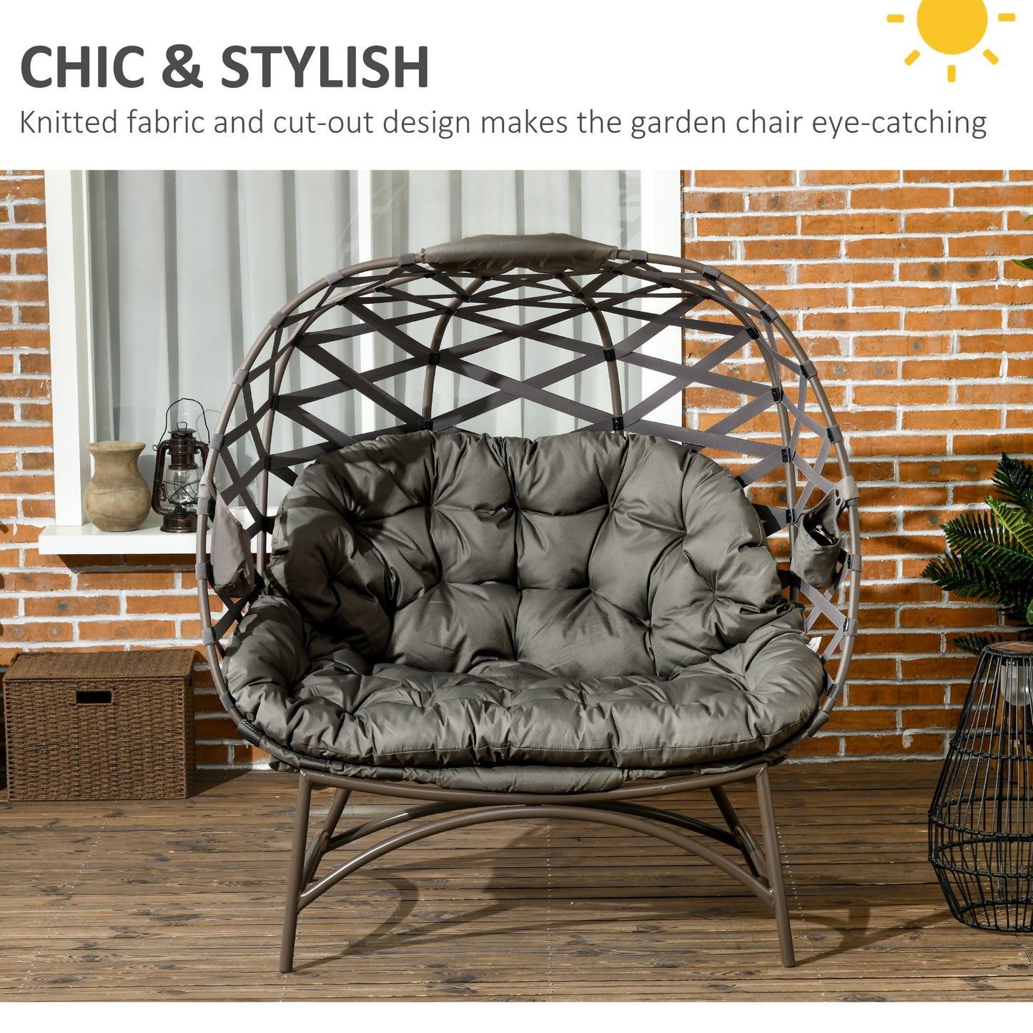 Fotel ogrodowy Outsunny 2-osobowy Egg Chair Outdoor, składany, pleciony, z poduszką i kieszeniami na kubki – piaskowo-brązowy