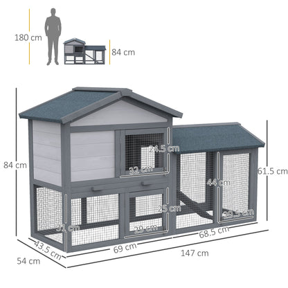 PawHut Wooden Rabbit Hutch Outdoor, Double Tier with Water-Resistant Roof, Ramp 147 x 54 x 84 cm, Grey