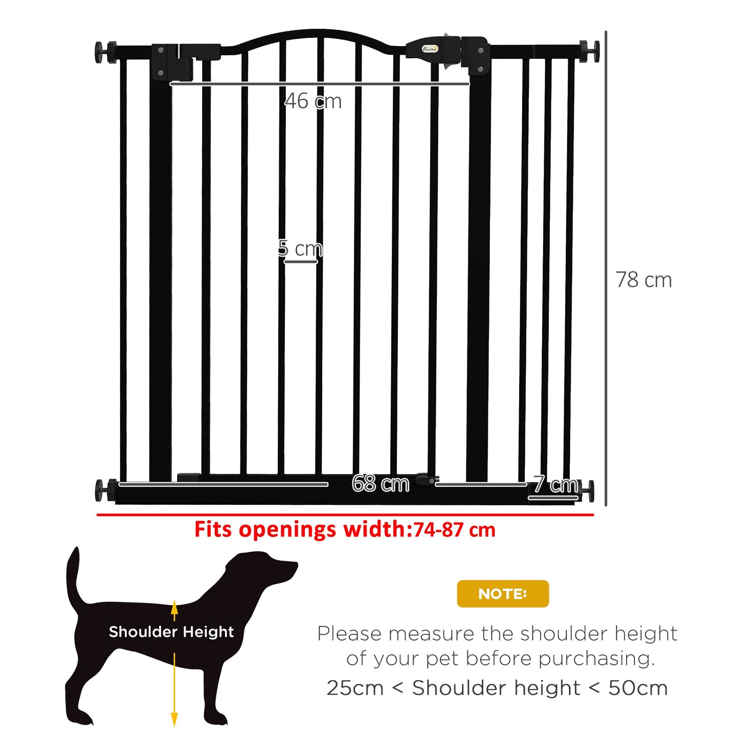 بوابة أمان للحيوانات الأليفة قابلة للتعديل من PawHut Metal مقاس 74-87 سم مع باب يغلق تلقائيًا باللون الأسود
