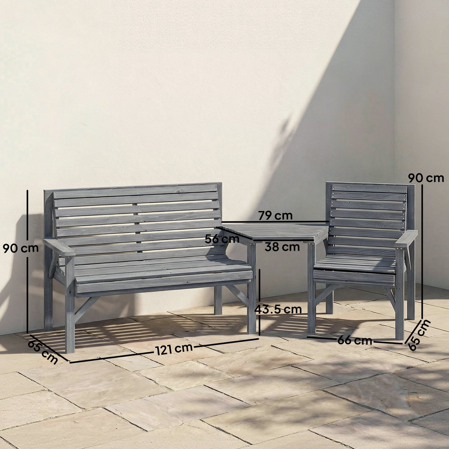 Outsunny Wooden Garden Furniture Set with Parasol Hole, 1 Chair, 1 Bench and Detachable Table, Grey Embossed Finish